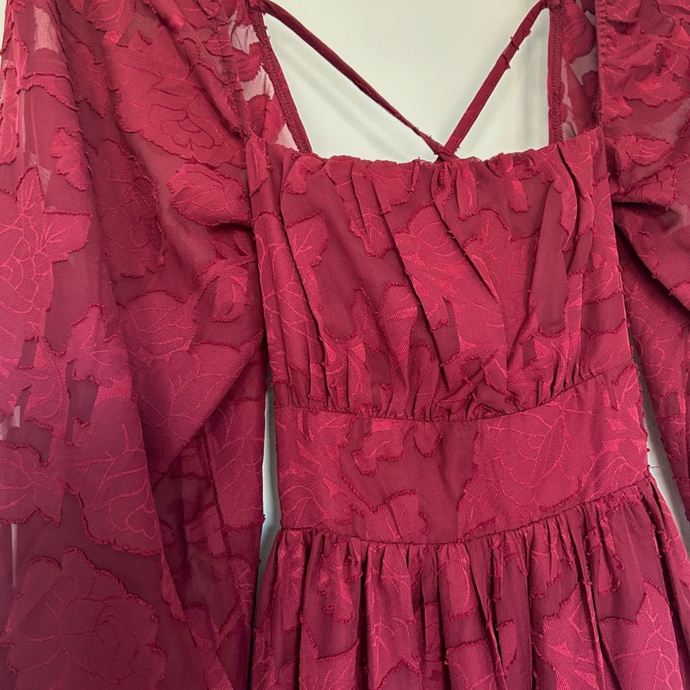 Lulus Burgundy Floral Long Sleeve Lace-Up Back Midi Dress - Picture 7 of 8